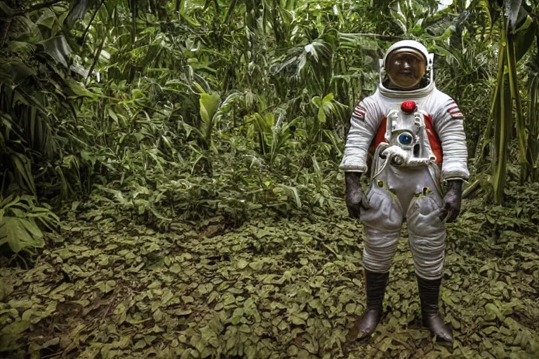 Image similar to a colonial closeup photograph of a Astronaut in a village at the river bank of Congo , Thick jungle, scary, evil looking, wide angle shot