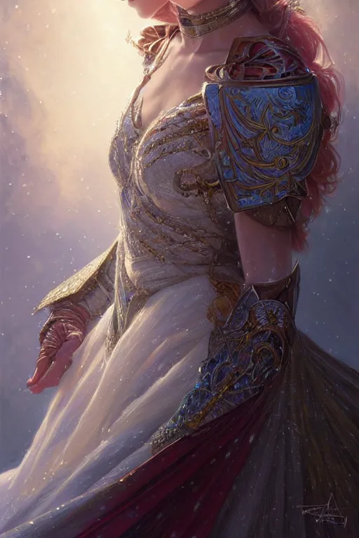 Prompt: portrait of a young beautiful snow queen, intricate colorful armor, Warhammer-inspired, fantasy, intricate, beautiful eyes, realistic, cinematic lighting, highly detailed, digital painting, Artstation, concept art, smooth, sharp focus, illustration, art by Artgerm and Greg Rutkowski and Alphonse Mucha