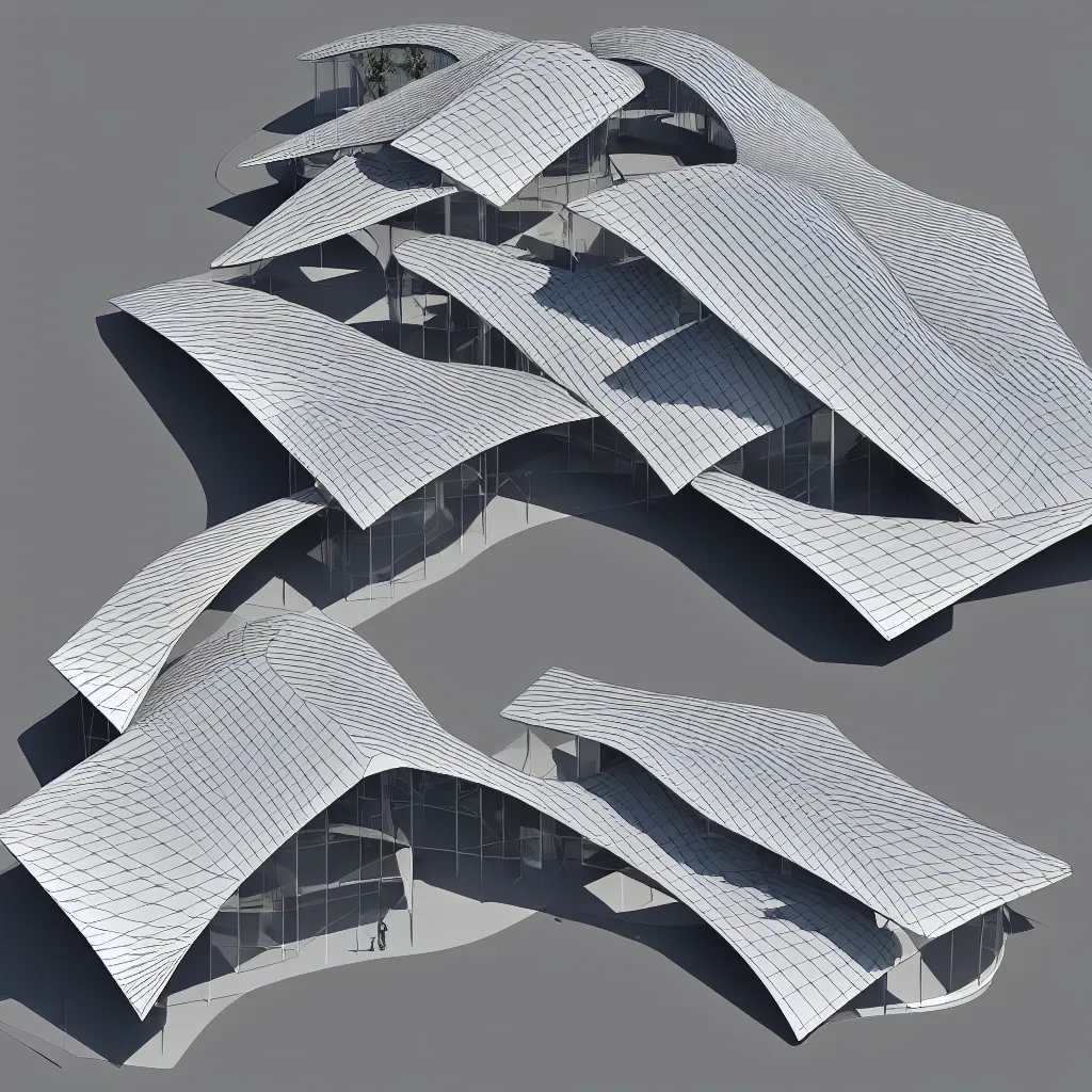 Image similar to sculptural curved roof planes lift and descend creating shade and architectural expression, dramatic form, 3 d top view axonometric, architecture isometric view