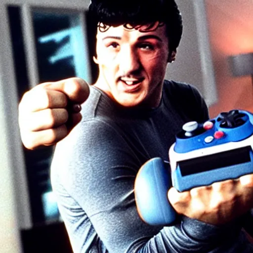 Image similar to rocky balboa holding a playstation!! controller!! video game console