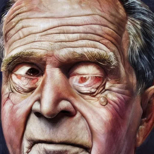 Image similar to hyperrealistic close up studio portrait of aging old George W Bush age 85 wrinkled weeping, oil painting by Ivan Albright and Lucian Freud and Ron Mueck, trending on artstation Studio lighting hyperrealism