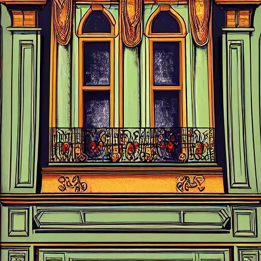 Prompt: digital illustration of a beautiful window open front view, aesthetic, achenbach, andreas, angelico, fra, bellotto, bernardo, ornate, russian style, colorful architectural drawing, behance contest winner, vintage frame window