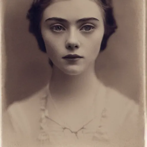 Prompt: headshot edwardian photograph of elle fanning, scarlett johansson, lily collins, barbara palvin, 1 9 2 0 s film actress, realistic face, 1 9 1 0 s, grainy, victorian, detailed, soft blur