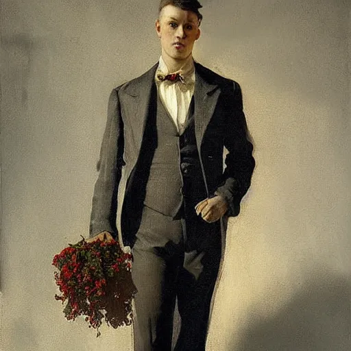 Prompt: young man in lilac suit holds dried flowers yellow and white messy bouquet at night, mild shadows, creepy shadow figures at the wall, cinematic lighting, highly detailed, digital art, Renaissance painting, by Leyendecker, by Rutkowsky,