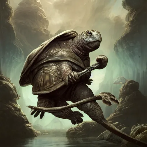 Image similar to cute wise sage turtle holding a staff, wearing a cloak, subsurface scattering, by jesper ejsing, justin gerard, tomasz alen kopera, cgsociety and fenghua zhong, highly detailed, rim light, cinematic lighting, illustration, art, octane render, very coherent, cinematic, hyper realism, high detail, octane render, 8 k