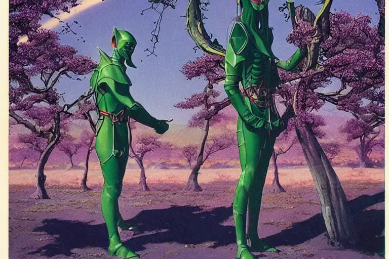 Image similar to 1979 OMNI Magazine Cover of a Druidic elf with armor by a cherry tree in Neo-Kyoto in cyberpunk style by Vincent Di Fate trending in r/reasonablefantasy