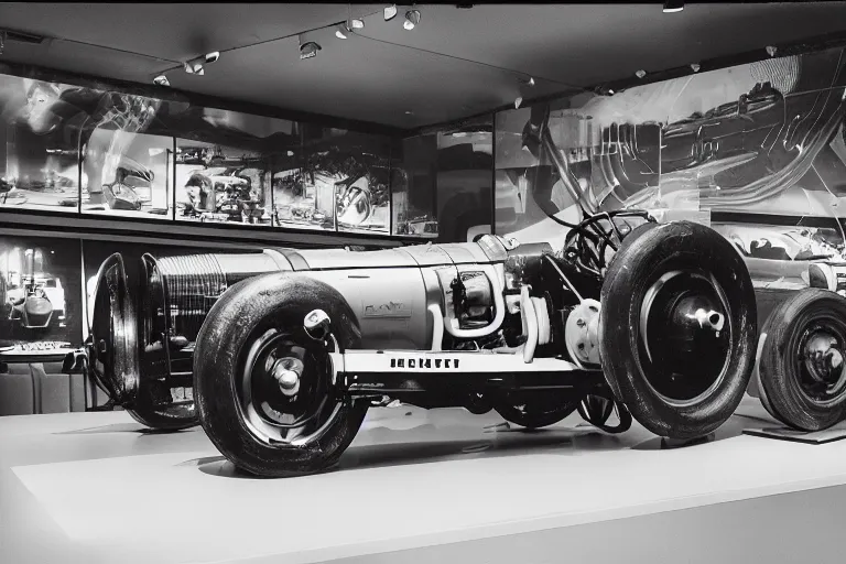 Image similar to cyberpunk 1 9 2 6 bugatti type 3 5, volumetric lighting, in a museum, museum exhibit, museum lighting, 9 0 s film photo