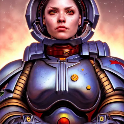 Prompt: sister of steel space marine by donato giancola, fantasy, photorealistic, octane render, unreal engine, dynamic lighting, cute face, beautiful girl, beautiful, wlop, cute, perfect factions, perfect woman, trending on artstation, poster, volumetric lighting, very detailed faces, 4 k, award winning
