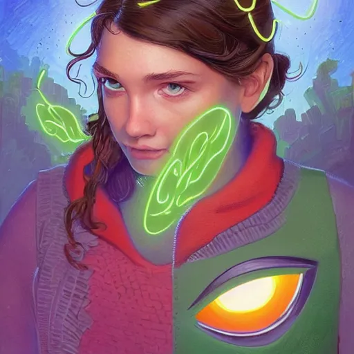 Prompt: a young woman with short wavy brown hair and glowing green eyes as a super hero, pixar cute, highly detailed, sharp focus, neon color, digital painting, artwork by Jeremiah Ketner + Mati Klarwein + Fintan Magee + Chris Mars, background artwork by greg rutkowski