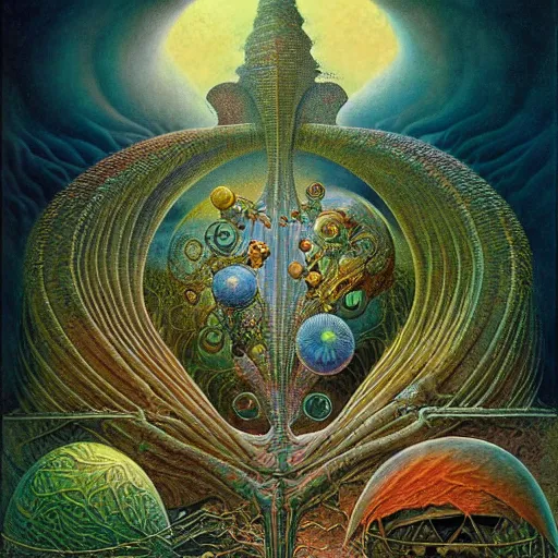Image similar to divine chaos engine by roger dean and andrew ferez, symbolist, visionary, detailed, realistic, surreality, art forms of nature by ernst haeckel