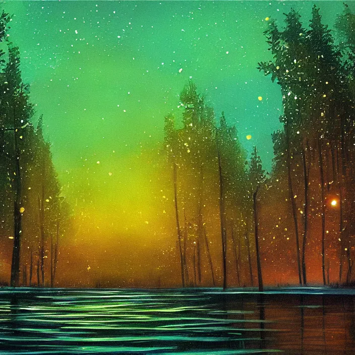 Image similar to lake trees night fireflies glowing above water digital painting concept art