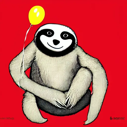 Image similar to book illustration of a sloth holding balloons, book illustration, monochromatic, white background, black and white image