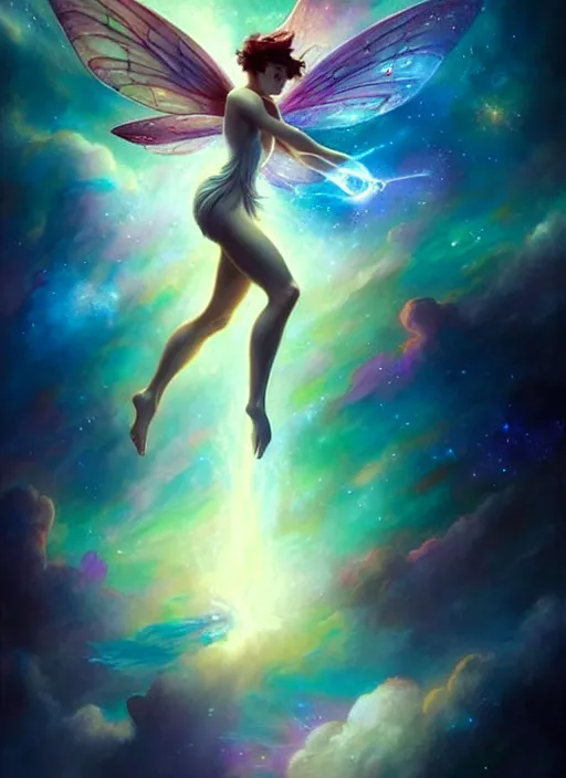 Image similar to godly fairy flying toward the sky, epic 2 8 mm, cinematography by ridley scott, highly detailed, high contrast, light reflection, trippy, nebula, trending on art station by artgem, by alex ross, by peter mohrbacher, by wlop, by ruan jia