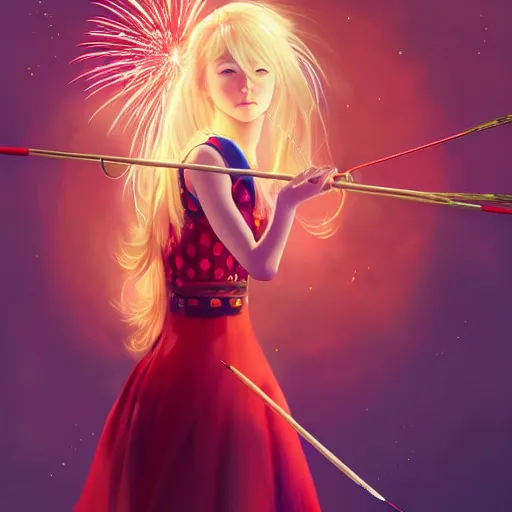 Image similar to colorful and festive captivating teenager girl with blonde hair, red japanese traditional clothes, shooting a firework with bow and arrow at the sky. rich vivid colors, ambient lighting, dynamic lighting, 4 k, atmospheric lighting, painted, intricate, highly detailed by charlie bowater