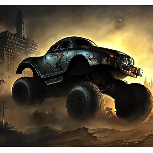 Image similar to a batman monster truck, dramatic lighting, cinematic, establishing shot, extremely high detail, photo realistic, cinematic lighting, post processed, concept art, artstation, matte painting, style by eddie mendoza, raphael lacoste, alex ross