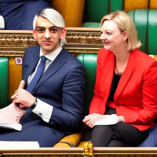 Prompt: Liz truss and Rishi sunak at parliament drinking barrells of oil. Daily Telegraph.