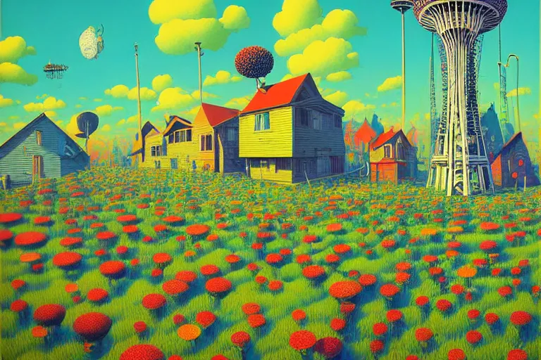 Prompt: surreal glimpse into other universe, seattle, summer morning, very coherent and colorful high contrast, art by!!!! gediminas pranckevicius!!!!, geof darrow, floralpunk screen printing woodblock, dark shadows, hard lighting, stipple brush technique,