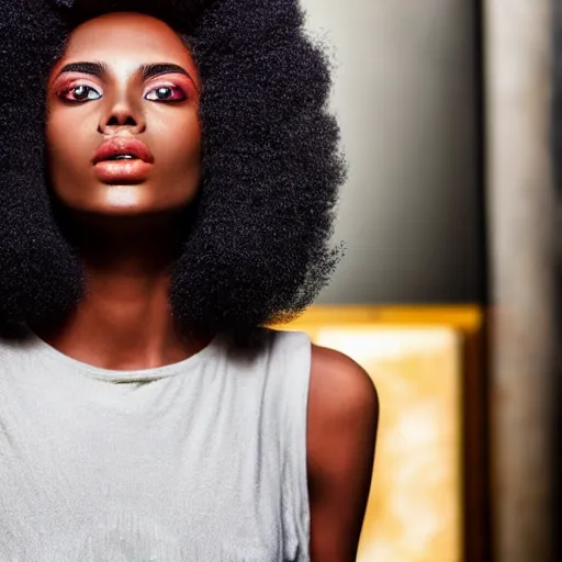 Image similar to close up of head of a black fashion model with large afro, gta style, editorial of vogue magazine, highly detailed