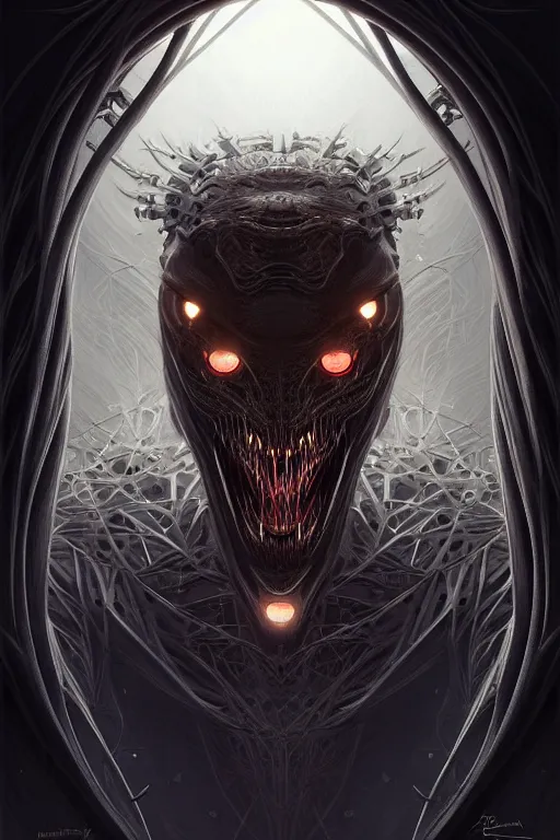 Image similar to professional concept art symmetrical portrait of a terrifying! mechanical predatory fractal! species in a dark room by artgerm and greg rutkowski. an intricate, elegant, highly detailed digital painting, concept art, smooth, sharp focus, illustration, in the style of cam sykes.