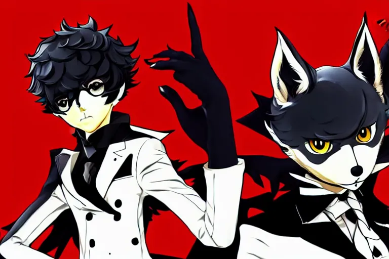 Image similar to persona 5 : royal ( by atlus ) video game splash screen, a furry male sandcolored tan fox fursona ( has hair ), persona 5 phantom thief style