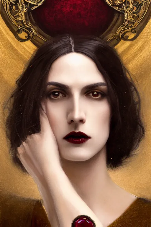 Image similar to a beautiful androgynous man, long thick dark hair, deep brown eyes, vampire, dressed in velvet, wearing a ruby pendant, illustration, dramatic lighting, soft details, painting oil on canvas, art nouveau, octane render, HDR, 4k, 8k, HD, by Edmund Blair Leighton, Brom, Charlie Bowater, faces by otto schmidt