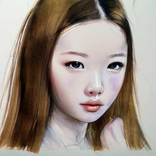 Image similar to a perfect, realistic professional digital sketch of semirealistic young girl, by pen and watercolor, by a professional Chinese Korean artist on ArtStation, on high-quality paper