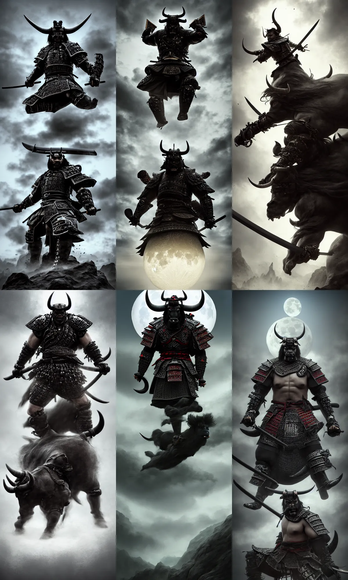 Prompt: anthropomorphic, half man half asian black bull, black bull samurai, Moon Bull Samurai, epic, samurai, stunning 3d render inspired art by Renato muccillo and Andreas Rocha and Johanna Rupprecht + symmetry + natural volumetric lighting, 8k octane beautifully detailed render, post-processing, highly detailed, intricate complexity, epic composition, magical atmosphere, cinematic lighting + masterpiece, trending on artstation