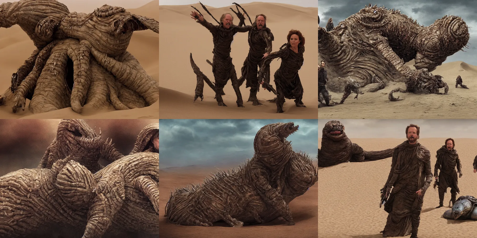 Prompt: cinematic still from the movie dune : ( subject =!!!! donald trump and dune sandworm hybrid monster!!!! + subject detail = john carpenter the thing, dom qwek, john howe, anatomical,!! bile!! ), the last of us zombie, intricate detailed, ommatidia, 8 k, cinematic atmosphere, post - processing