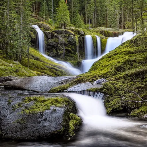 Image similar to walking into a very tall majestic Norwegian waterfall::2 creek, rocks, trout fish, pine and birch trees::1.8 realistic vegetation, realistic material textures, sunny, photorealistic, high speed photography, highly detailed, cinematic lighting, god rays, raytracing reflections, vray render, first person view