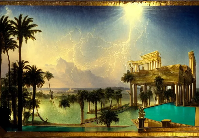 Image similar to Palace floating in the sky, 1km tall, thunderstorm, greek pool, beach and palm trees on the background major arcana sky, by paul delaroche, hyperrealistic 4k uhd, award-winning, very very very detailed