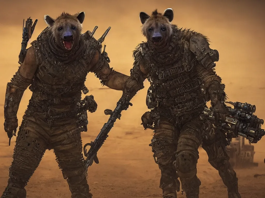 Image similar to a good ol'hyena fursona ( from the furry fandom ), heavily armed and armored facing down armageddon in a dark and gritty version from the makers of mad max : fury road. witness me.