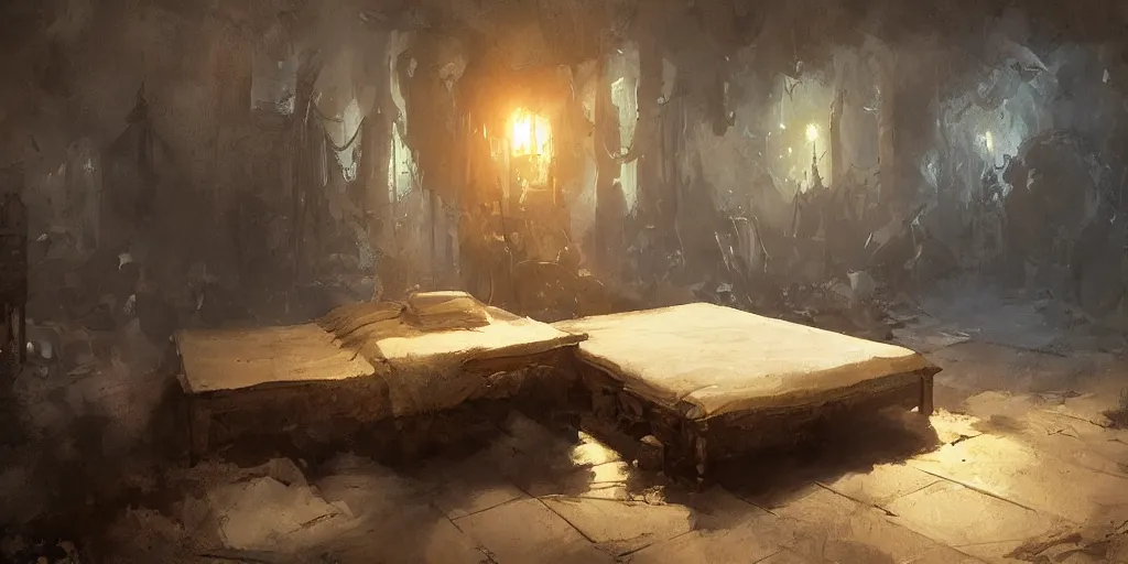 Image similar to a bed on stand in a magical area, by greg rutkowski