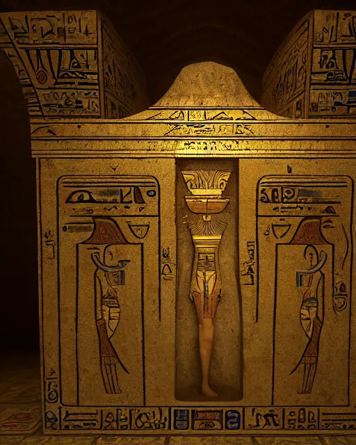 Image similar to an ornate and royal egyptian antechamber tomb, unreal engine, hyper realism, realistic shading, cinematic composition, blender render, octane render, hdr, detailed textures, photorealistic, ultrawide shot, 3 5 mm film