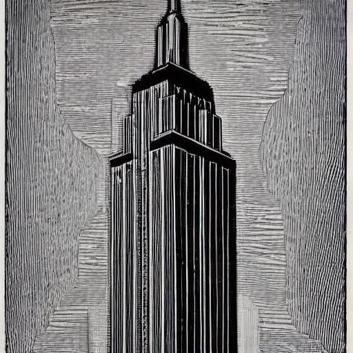 Image similar to escher woodcut of a the empire state building