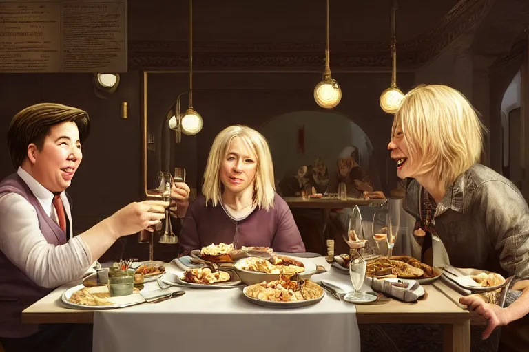 Prompt: portait of michael mcintyre and middle aged blonde woman with short hair and a blonde woman with long hair having dinner at sunday in brooklyn restaurant, anatomy, bathed in light, highly detailed, photorealistic, artstation, smooth, sharp focus, illustration, unreal engine 5, 8 k, art by artgerm and greg rutkowski and edgar maxence