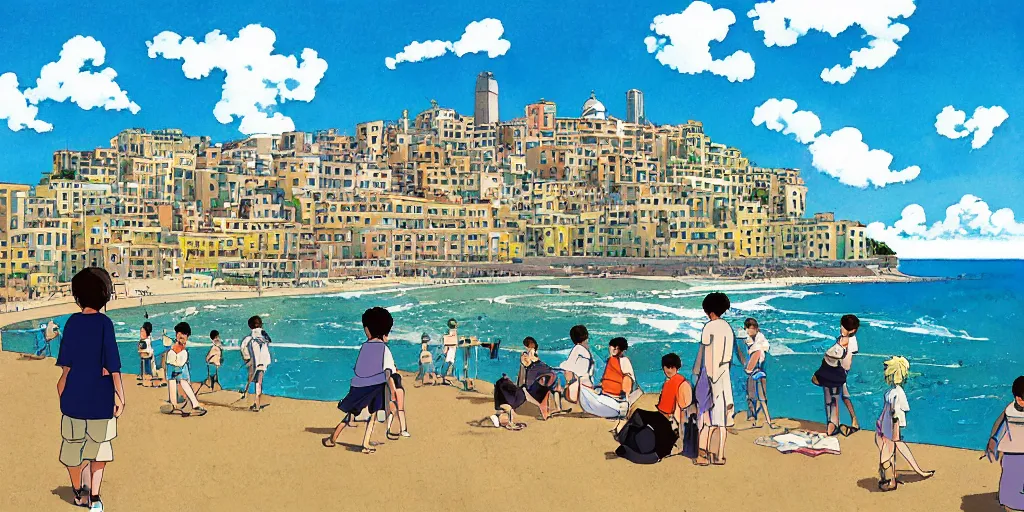 Prompt: wholesome animation studio Ghibli of young guys on the beach in the city of Genova. Sharp bloom dramatic lightning. Sunny day.