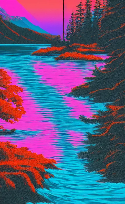 Image similar to beautiful award winning synthwave painting of a canadian lake, extreme detail, mobile wallpaper, digital art, 4 k, ultra hd