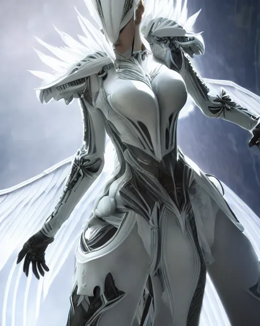 Prompt: tall, attractive white haired ant wearing white dove wings, warframe armor, regal, attractive, ornate, sultry, sexy, beautiful, elize theron, pretty face, green eyes, scifi platform, 4 k, ultra realistic, epic lighting, illuminated, cinematic, black gold, art by akihito tsukushi, voidstar