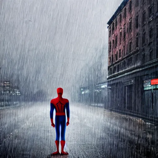 Image similar to Spiderman standing under rain , melancholy, dramatic, sad ambience