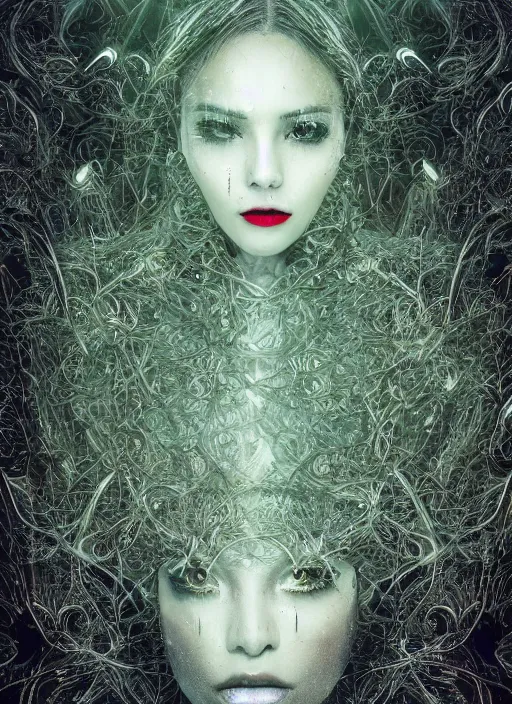 Image similar to double exposure effect, glowing silver and golden elements, female portrait model from shutterstock as a dark witch, book cover, green forest, white moon, red lips, establishing shot, extremly high detail, photo-realistic, cinematic lighting, pen and ink, intricate line drawings, by Yoshitaka Amano, Ruan Jia, Kentaro Miura, Artgerm, post processed, concept art, artstation, matte painting, style by eddie, raphael lacoste, alex ross