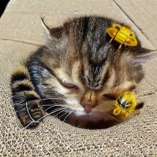 Image similar to photo of world's smallest cat the size of a honeybee, bee with the face of a cat