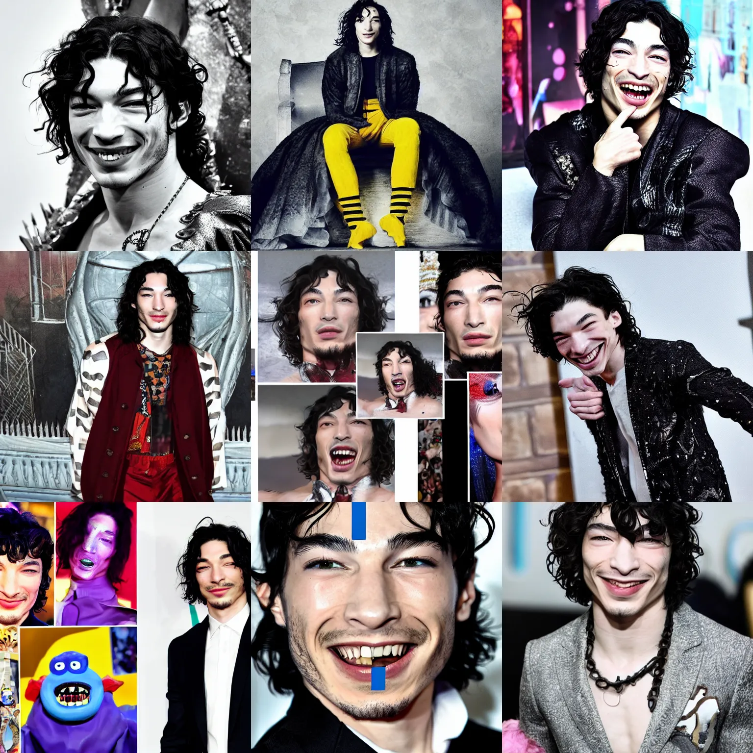 Prompt: Ezra Miller grinning like a glam king monster surrounded by children inside a castle made of glass and metal. Art Station trending.