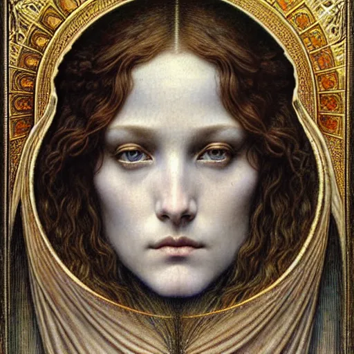 Image similar to detailed realistic beautiful young medieval queen face portrait by jean delville, gustave dore and marco mazzoni, art nouveau, symbolist, visionary, gothic, pre - raphaelite. horizontal symmetry