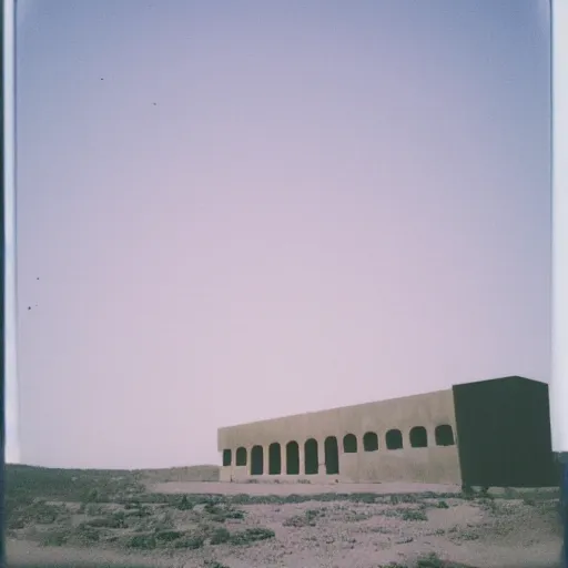 Image similar to impossibly large concrete structure in the distance, middle of the desert, minimalist architecture, megalophobia, foggy, old polaroid, expired film,