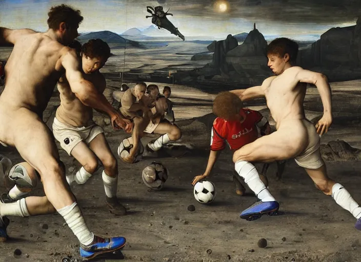 Image similar to a soccer match on the moon by edgar maxence and caravaggio and michael whelan and delacroix style, artistic, intricate painting, cinematic lighting, hyper realistic, extremely detailed, establishing shot, 8 k resolution, dramatic lighting