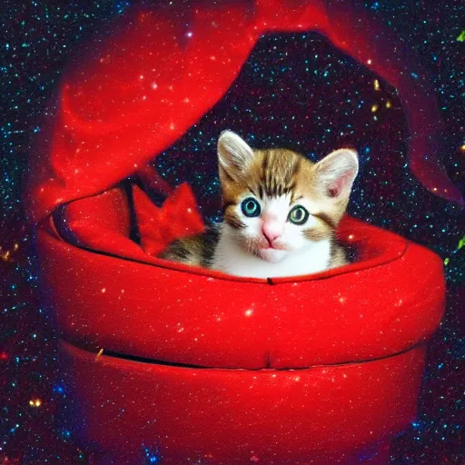 Image similar to a kitten wearing a red cape floating through galaxies of space on a recliner chair, cosmic rays, dramatic lighting, spirals galaxies