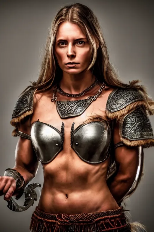 Image similar to full body portrait, thin muscular viking amazon warrior woman, 6 pack ab, symmetrical beautiful face, relaxed pose