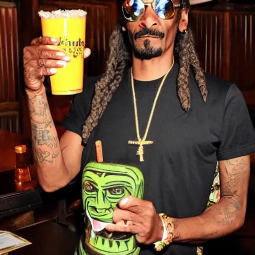 Image similar to snoop dogg at trader vic's bar holding a tiki mug with his face on it