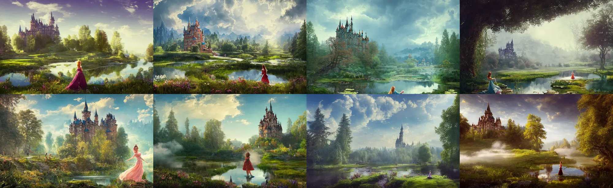 Prompt: a princess near a pond, a castle and mist and swirly clouds in the background, fantastic landscape, hyperrealism, no blur, 4k resolution, ultra detailed, style of Anton Fadeev, Ivan Shishkin, John Berkey