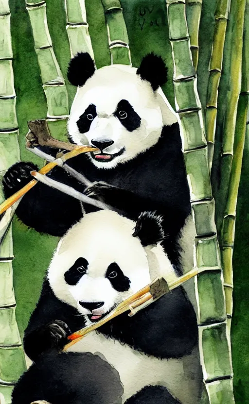 Image similar to a watercolor painting of a panda eating bamboo, dynamic lighting, photorealistic, ambient lighting, atmospherical, stunning visuals, trending on art station